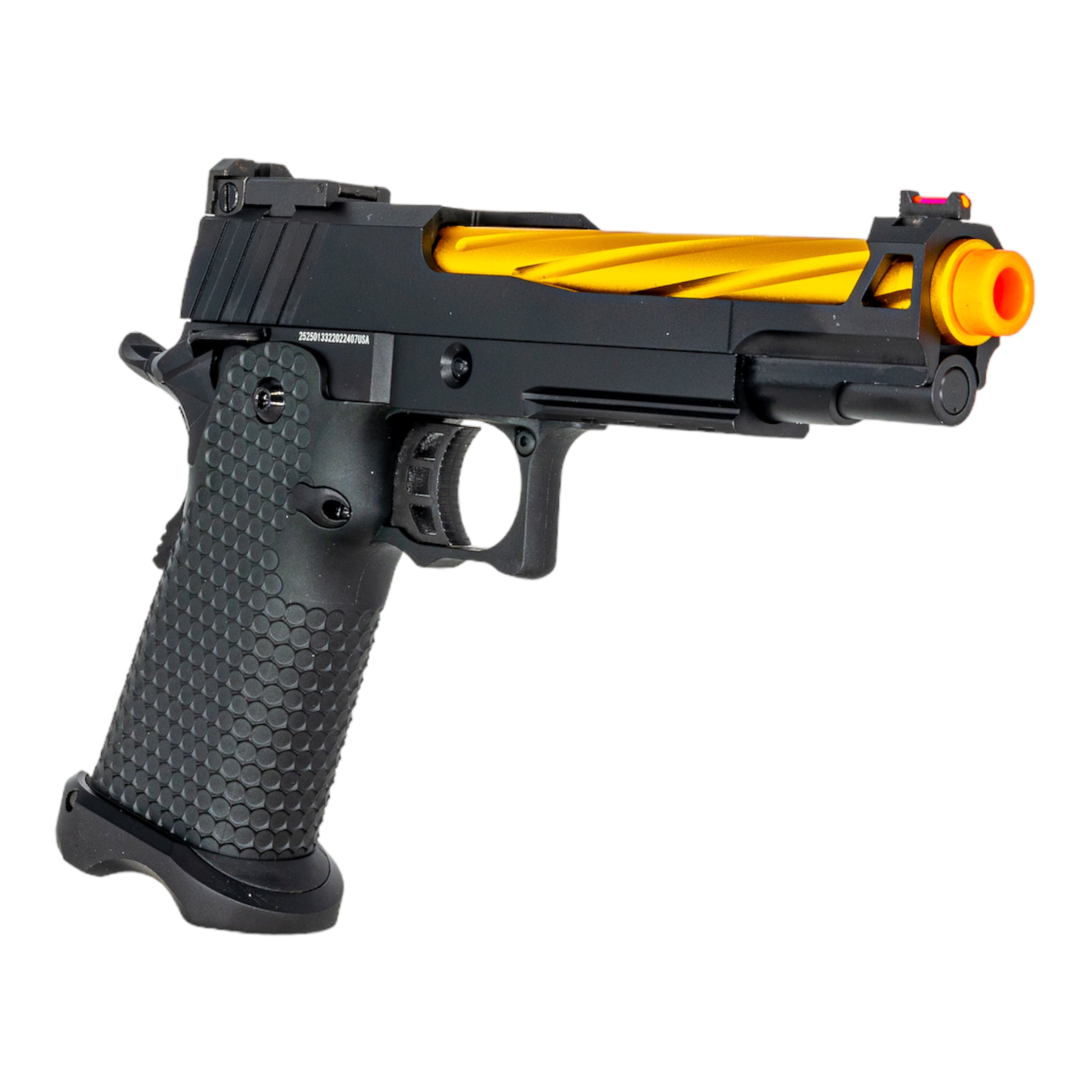 Golden Eagle OTS .45 Hi-Capa Gas Blowback Pistol w/ Open Slide (Black/Gold) - ssairsoft.com