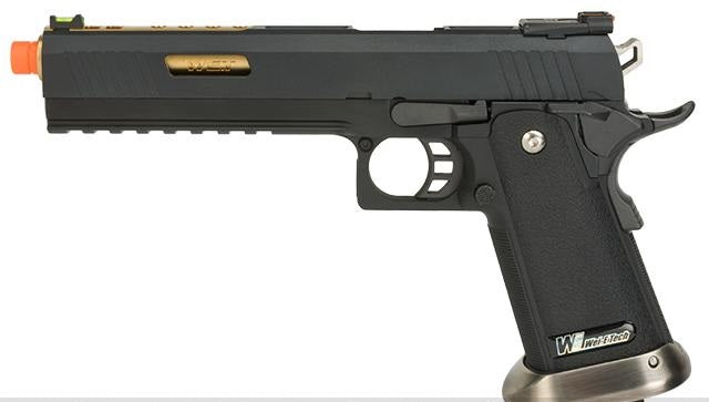 WE-Tech Hi-Capa 6" IREX Competition Pistol GBB Black / Gold Barrel - ssairsoft.com