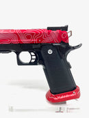 Tokyo Marui 5.1 base  Red Topo Laser Engraved Airsoft Masterpiece AM Norris Slide  Red Topo Laser Engraved LA Capa Magwell Black  AIP 140% recoil spring  AIP 140% Nozzle Spring  LA Capa Threaded outer barrel  CowCow buffer kit   