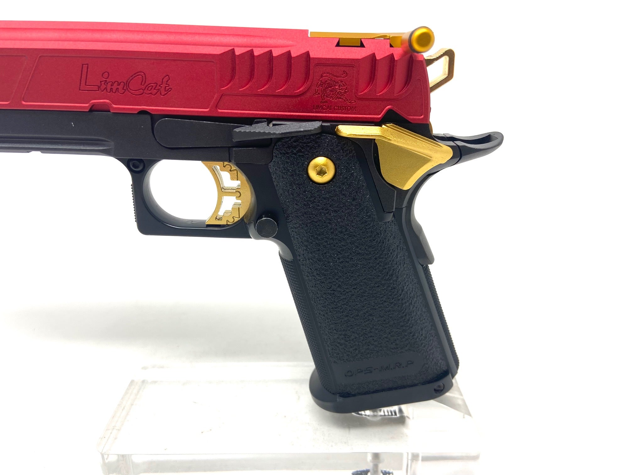 Get your one of a kind Custom Built Tokyo Marui Hicapa from SS Airsoft! We have the newest and sweetest selection on the East Coast! Come in or check us out online for our full selection! Let's Get It!!  Gold Flame includes:  Tokyo Marui 5.1 Gold match Airsoft masterpiece limcat Speedcat Red slide  Threaded 5.1 LA capa outer barrel  CowCow A01 Thread adapter  120% recoil spring  AIP charging handle  CowCow buffer kit