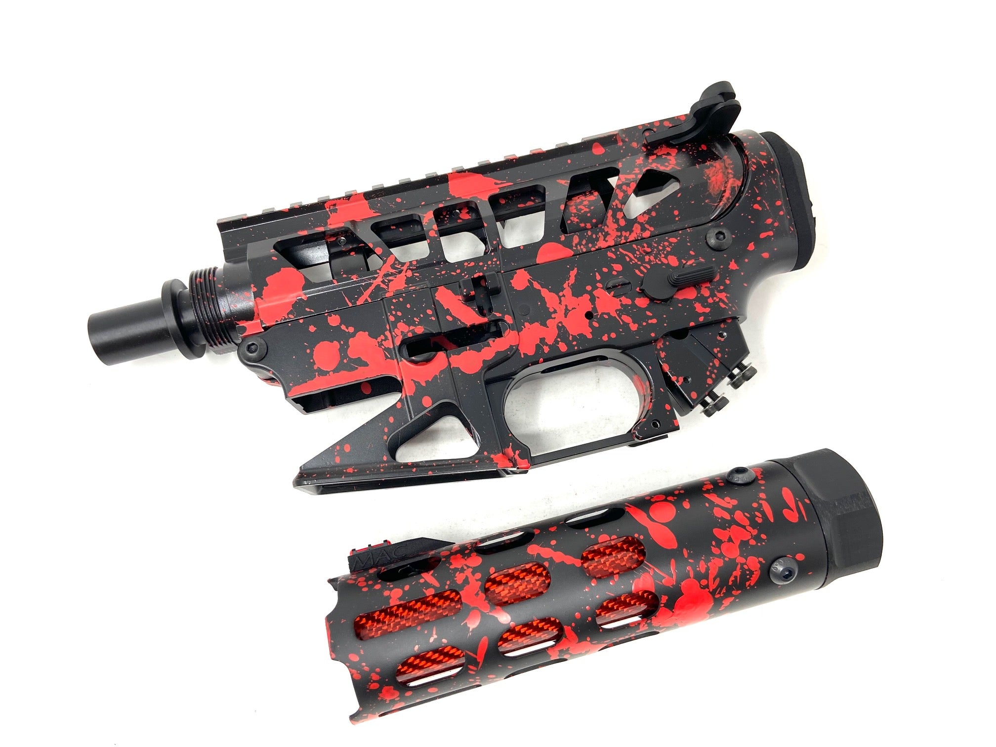 This setup is a SS Airsoft Exclusive from MAC Customs!  Get your one of a kind built external setup now!   Available in multiple colors! This package includes: MAC Custom cerakoted  Metal Body upper and lower  MAC Customs matching carbon fiber Handguard with front sight  MAC Custom Carbon Fiber Pom outer barrel with threads and cover for small tracer  MAC Custom Cerakoted matching gearbox  MAC Custom Receiver End cap    Perfect for your next HPA or AEG build!  Get yours today only at SS Airsoft!!