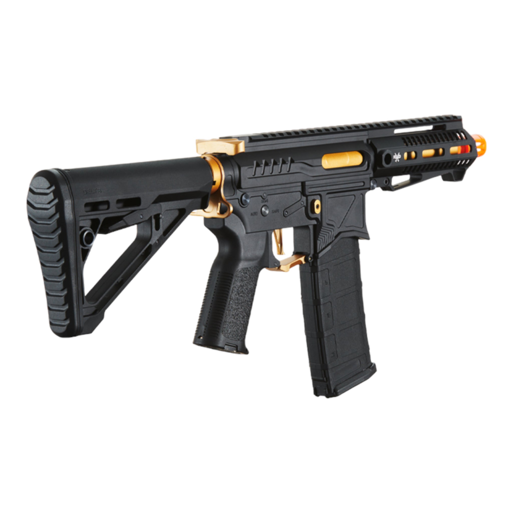 Zion Arms R15 Mod 1 Short Barrel Airsoft Rifle with Delta Stock (Black & Gold) - ssairsoft