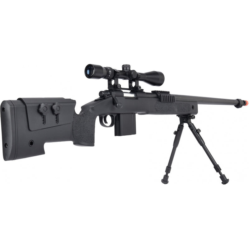 WellFire MB4416 M40A3 Bolt Action Sniper Rifle w/ Scope & Bipod - BLACK - ssairsoft